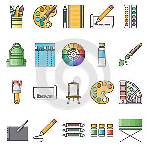 Simple Set ofÂ Artistic Vector Flat Icons. Contains suchÂ IconsÂ as palette, watercolors, artistic tools, easel
